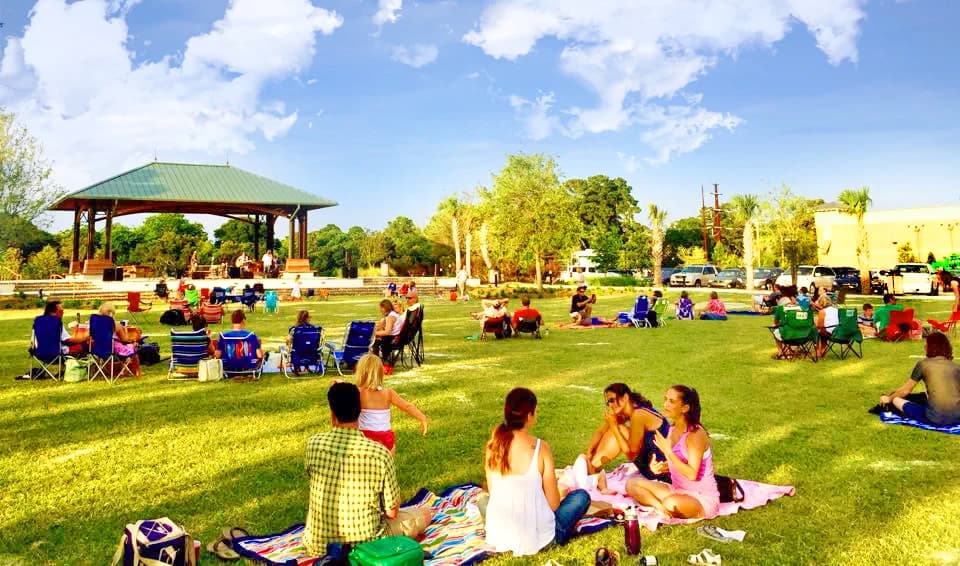 Residents gathered on the lawn for a summer concert in a town park